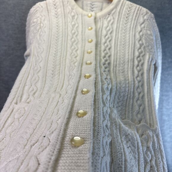 True Vintage 60s Tunic Sweater S White Cream Cable Knit Cardigan Pockets Cottage - Picture 5 of 16